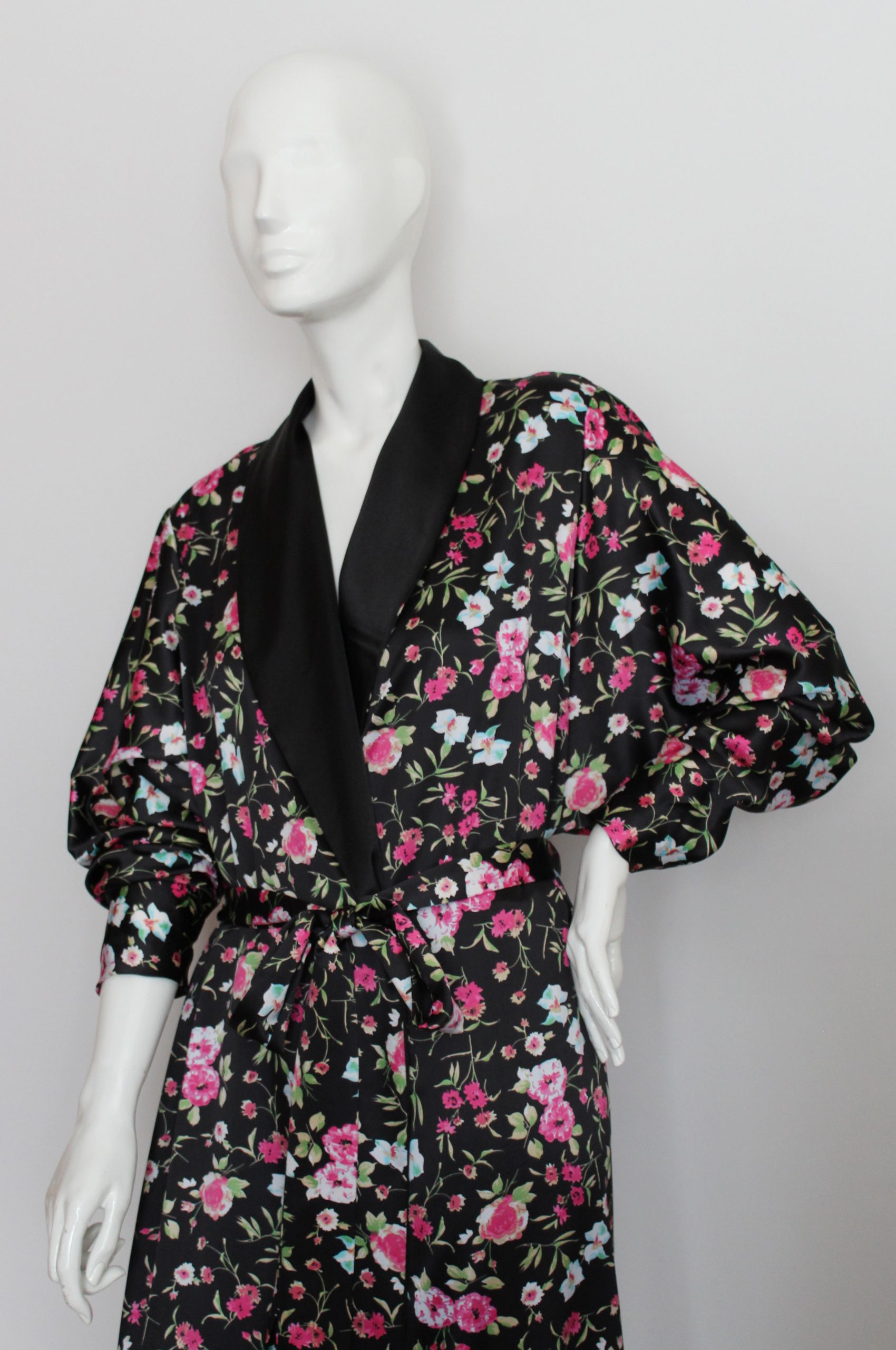 Christina-Deep Dolman Sleeve Wrap Robe-Black Floral - Image 2